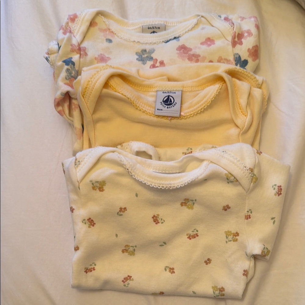 Petit Bateau Yellow & Floral Baby Long Sleeve bodysuits - 3 Pack